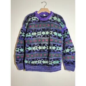 Purple Multi Hand Knit Heavy Wool Ecuador Abstract Print Pullover Sweater S/M